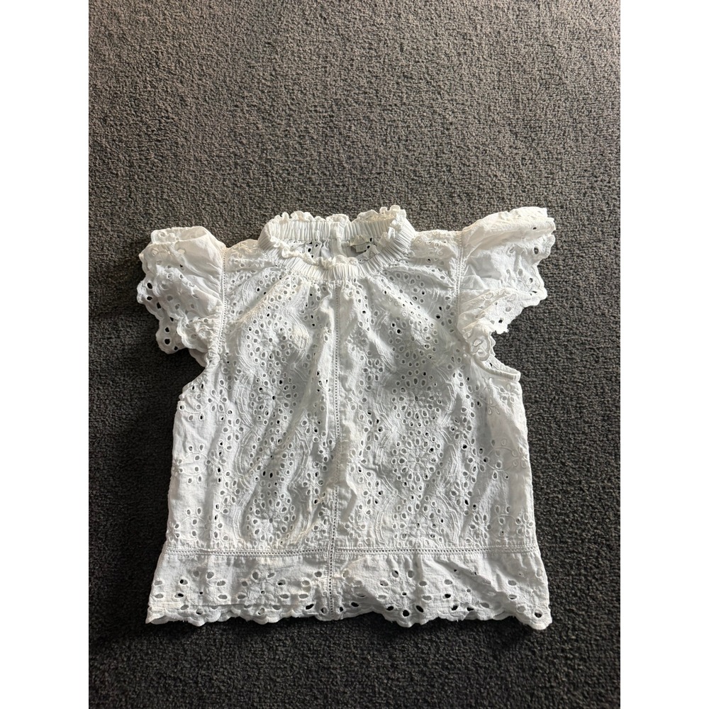 Jennifer Grace White Cotton Eyelet Flutter Sleeve Smocked Mock Neck Top Medium